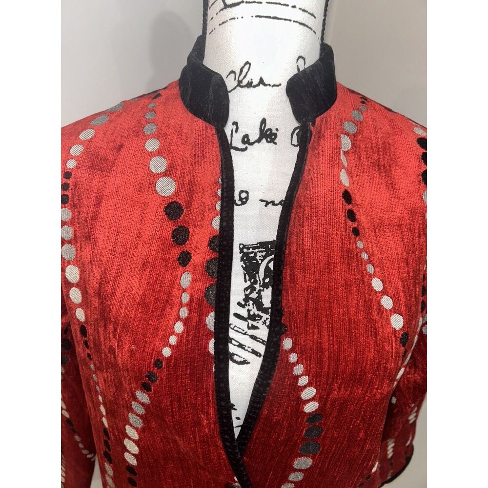 Khangura Statement Jacket Red Orange Novelty Circle Print Black Trim Career Wear - Picture 4 of 9